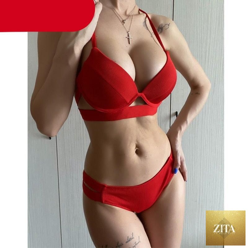 Leopard print women’s strapless bikini set with triangle top, bandage design, low waist bottoms, and push-up style for summer swimwear.
