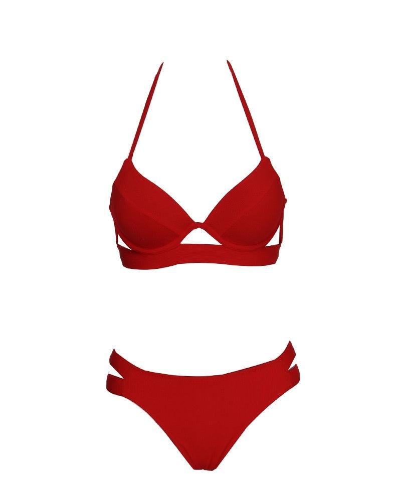 Leopard print women's summer bikini set with strapless bandage design, halter top, and low waist triangle bottoms, soft two-piece swimwear.
