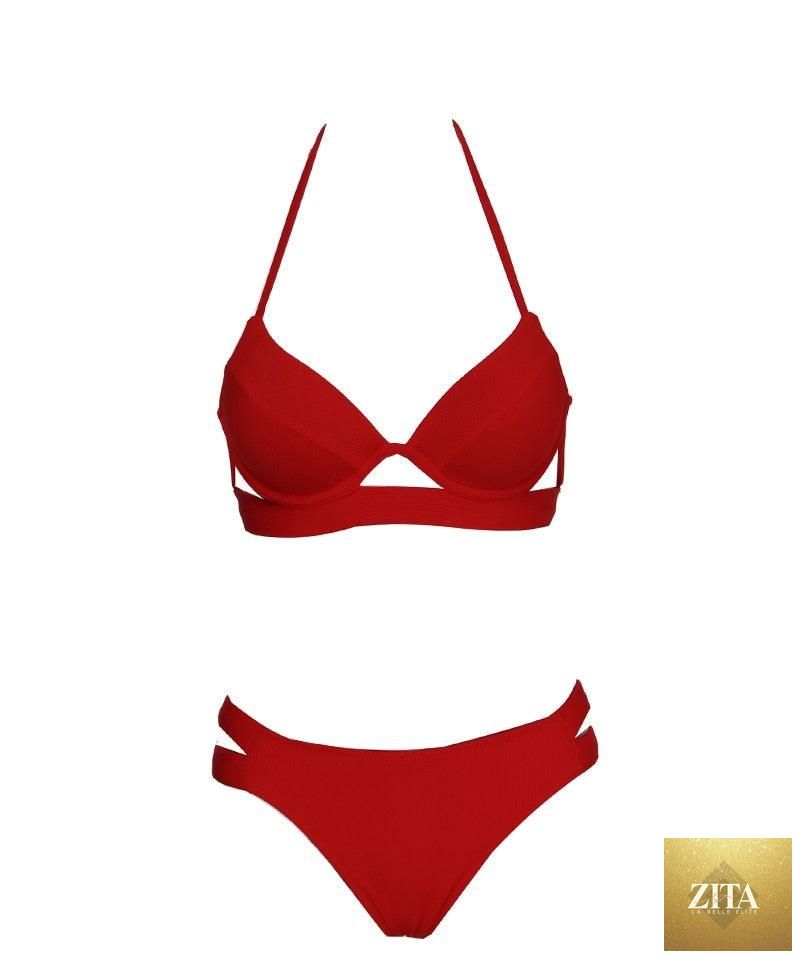 Leopard print women's summer bikini set with strapless bandage design, halter top, and low waist triangle bottoms, soft two-piece swimwear.