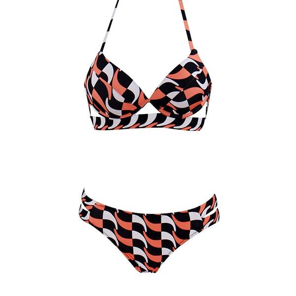 Leopard print women’s strapless bikini with halter top, low waist bottoms, soft bandage material, push-up style, two-piece swimwear.