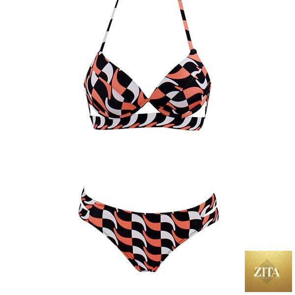 Leopard print women’s strapless bikini with halter top, low waist bottoms, soft bandage material, push-up style, two-piece swimwear.