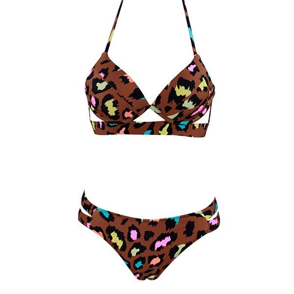 Leopard print women’s strapless bikini set with triangle top and low waist bottoms, soft fabric, and push-up design for summer swimwear.