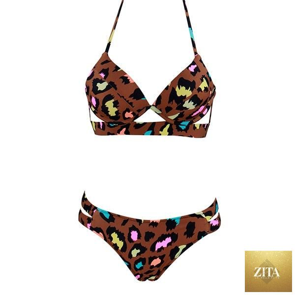 Leopard print women’s strapless bikini set with triangle top and low waist bottoms, soft fabric, and push-up design for summer swimwear.