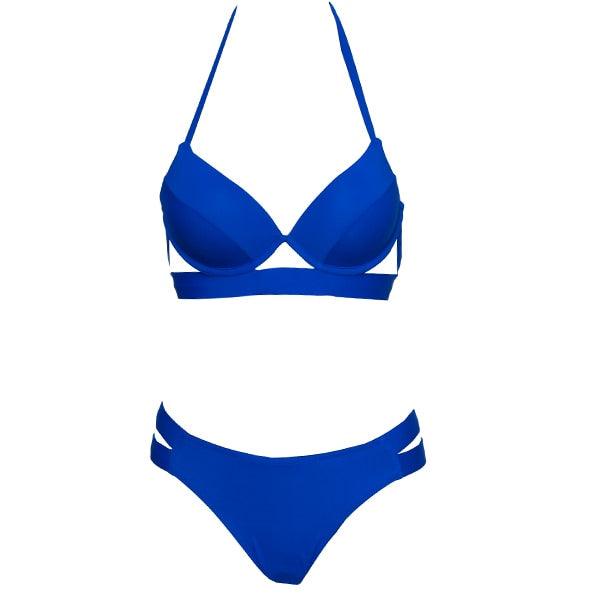 Leopard print women's summer bikini set with strapless bandage top and low-waist triangle bottoms, soft two-piece swimwear by Stevvex.