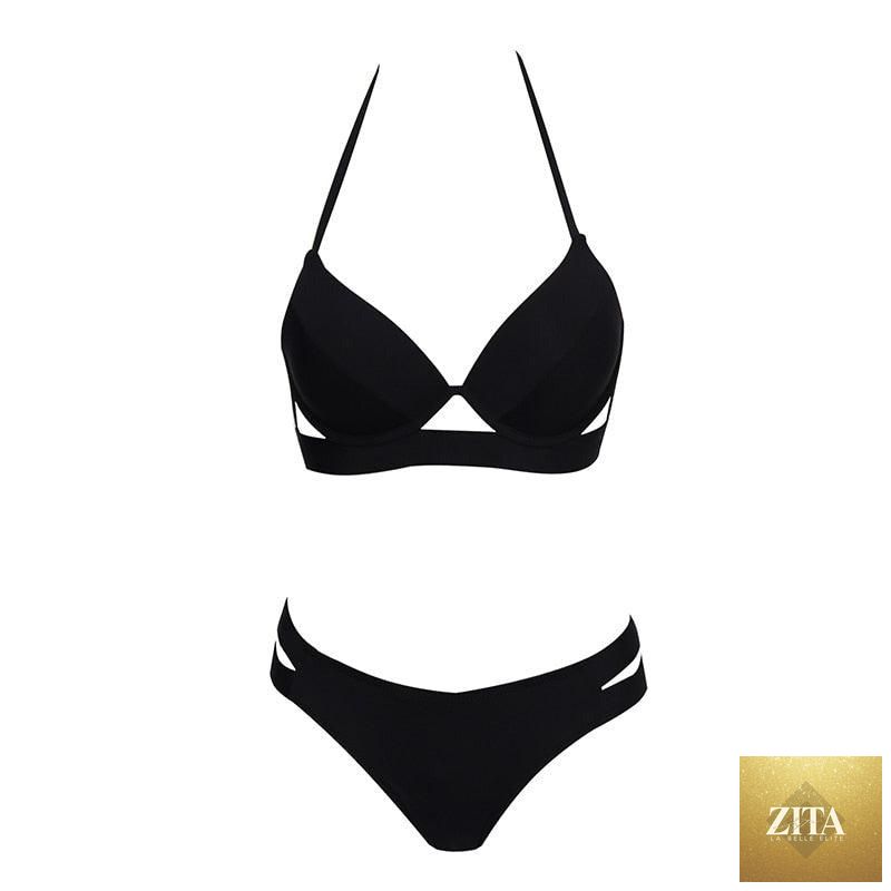 Leopard print women’s strapless bikini set with triangle top and low-waist bottoms, soft bandage style, suitable for summer swimwear.