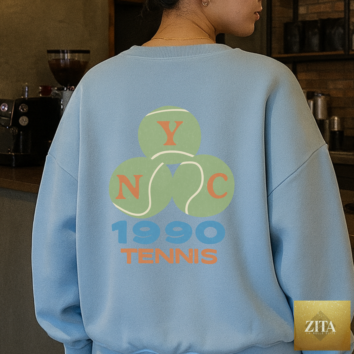 Light blue NYC 1990 Tennis crewneck sweatshirt by Hey Jude Graphic Tees featuring vintage sport graphic print.