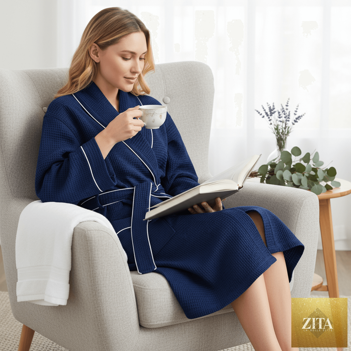 Lightweight knee-length waffle robe for women by Lotus Linen, soft and cozy with a textured waffle fabric.