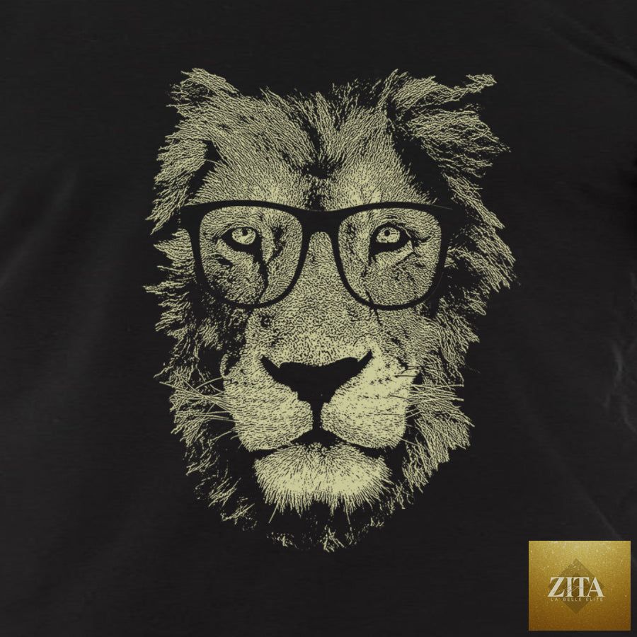 Cotton casual men's T-shirt with a lion glasses graphic design, from BandsCo Straps, featuring a modern, stylish print.