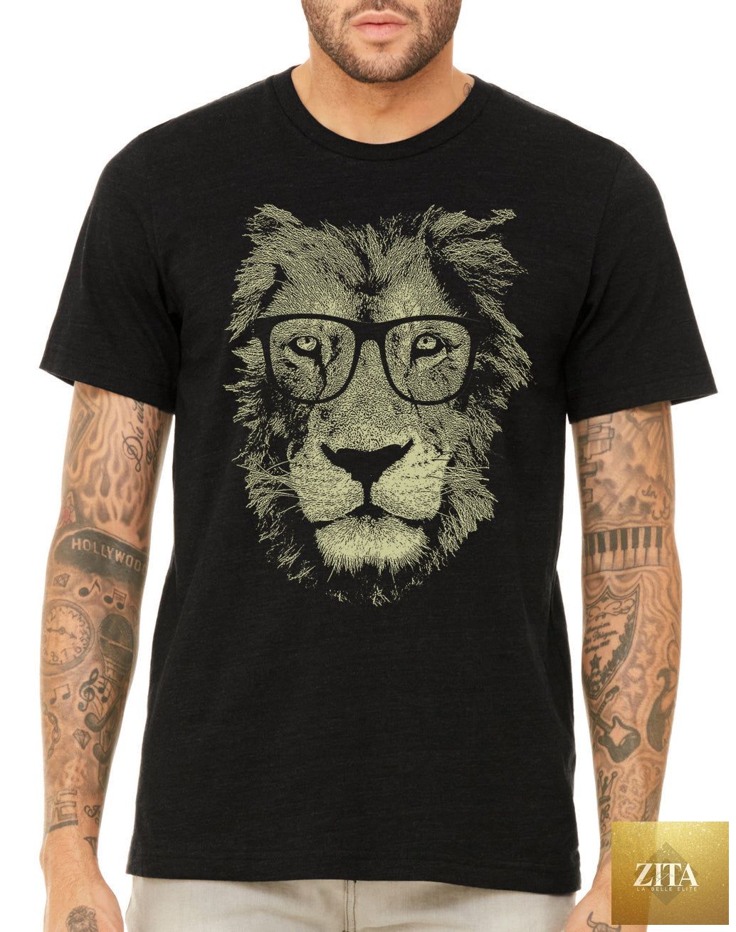 Cotton men's T-shirt with lion and glasses graphic design, casual fit, by BandsCo Straps.