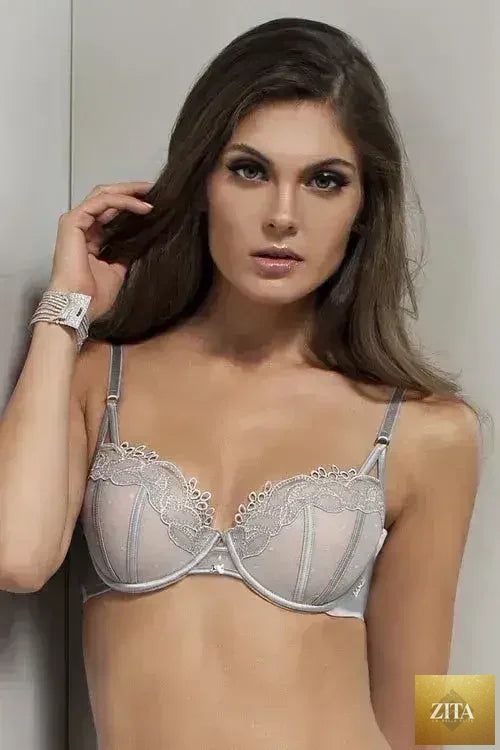 Lisca Emotion bra by Femstylo with polka dot tulle, Swarovski crystals, foam cups, delicate lingerie with elegant design.