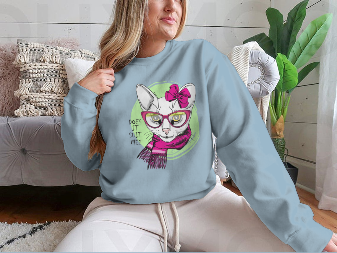 Vector White Cat With Pink Bow, Glasses And Scarf. Hand Drawn
