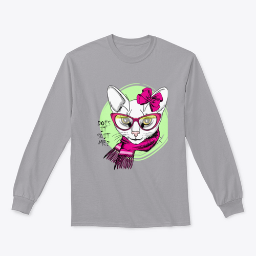 Vector White Cat With Pink Bow, Glasses And Scarf. Hand Drawn