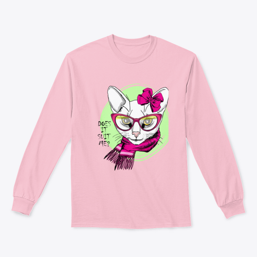 Vector White Cat With Pink Bow, Glasses And Scarf. Hand Drawn