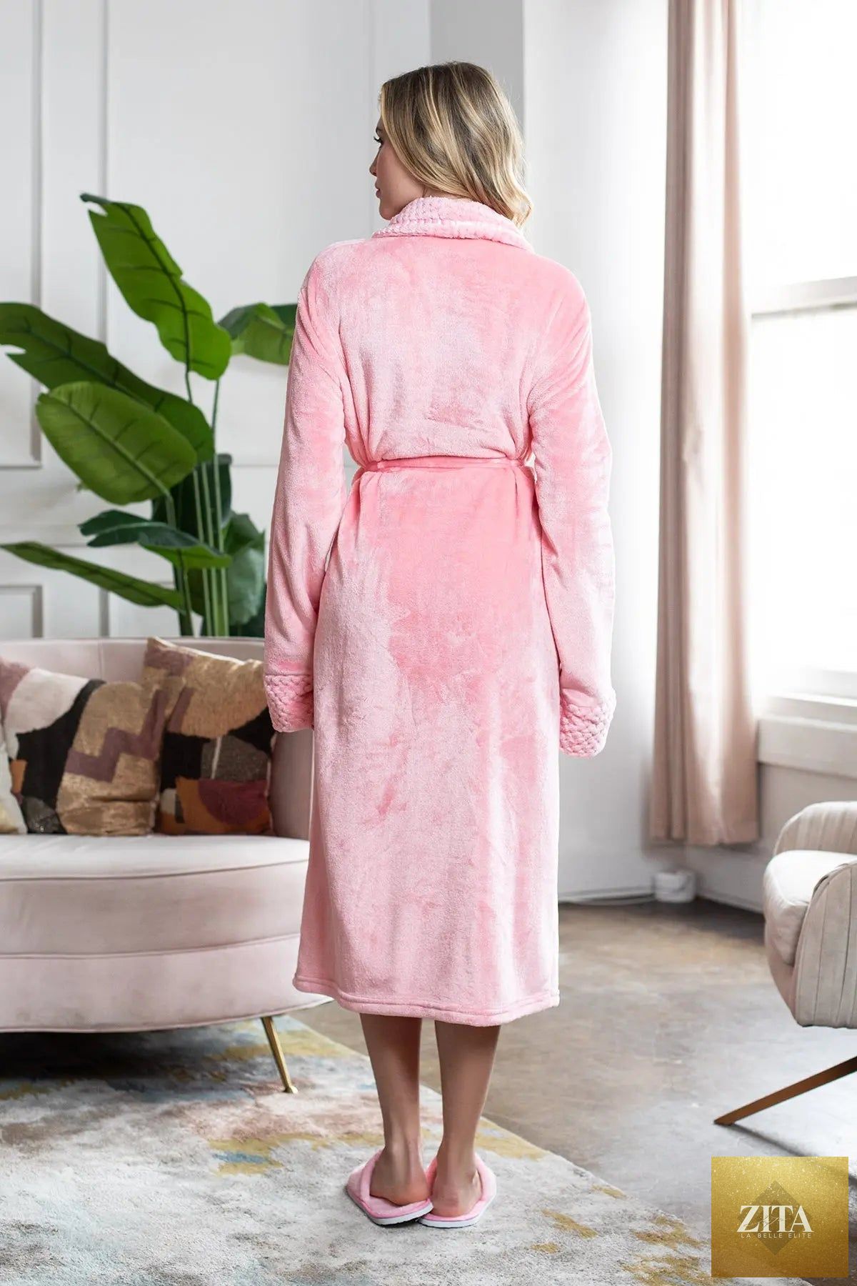 Women's ultra-soft plush bathrobe from Lotus Linen, long cozy robe with a comfortable fit, ideal for lounging and warmth.