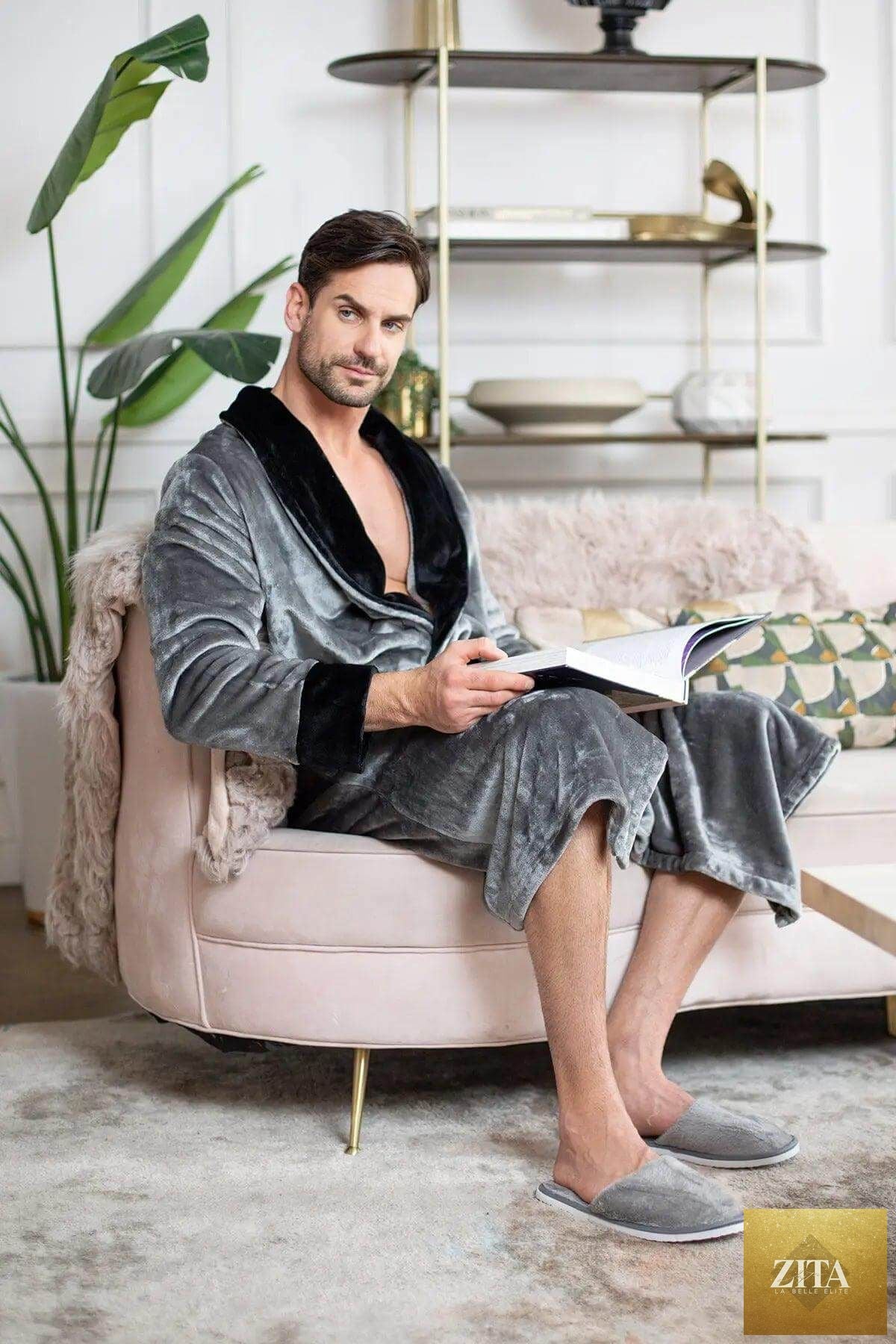 Soft men's plush robe by Lotus Linen, featuring a cozy design perfect for lounging and comfort.