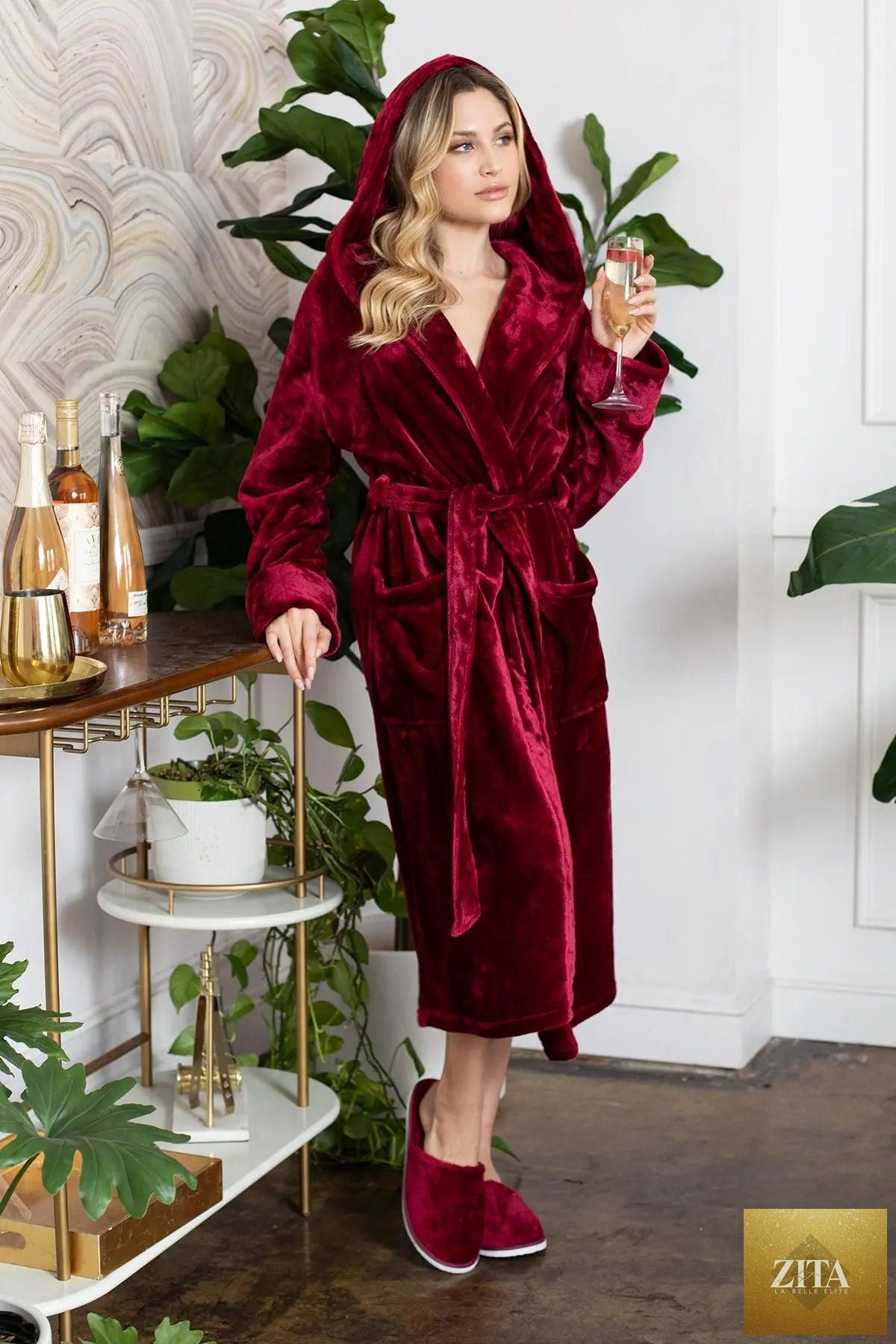 Soft pink women's plush hooded robe from Lotus Linen, featuring a cozy hood and relaxed fit for spa-style comfort at home.