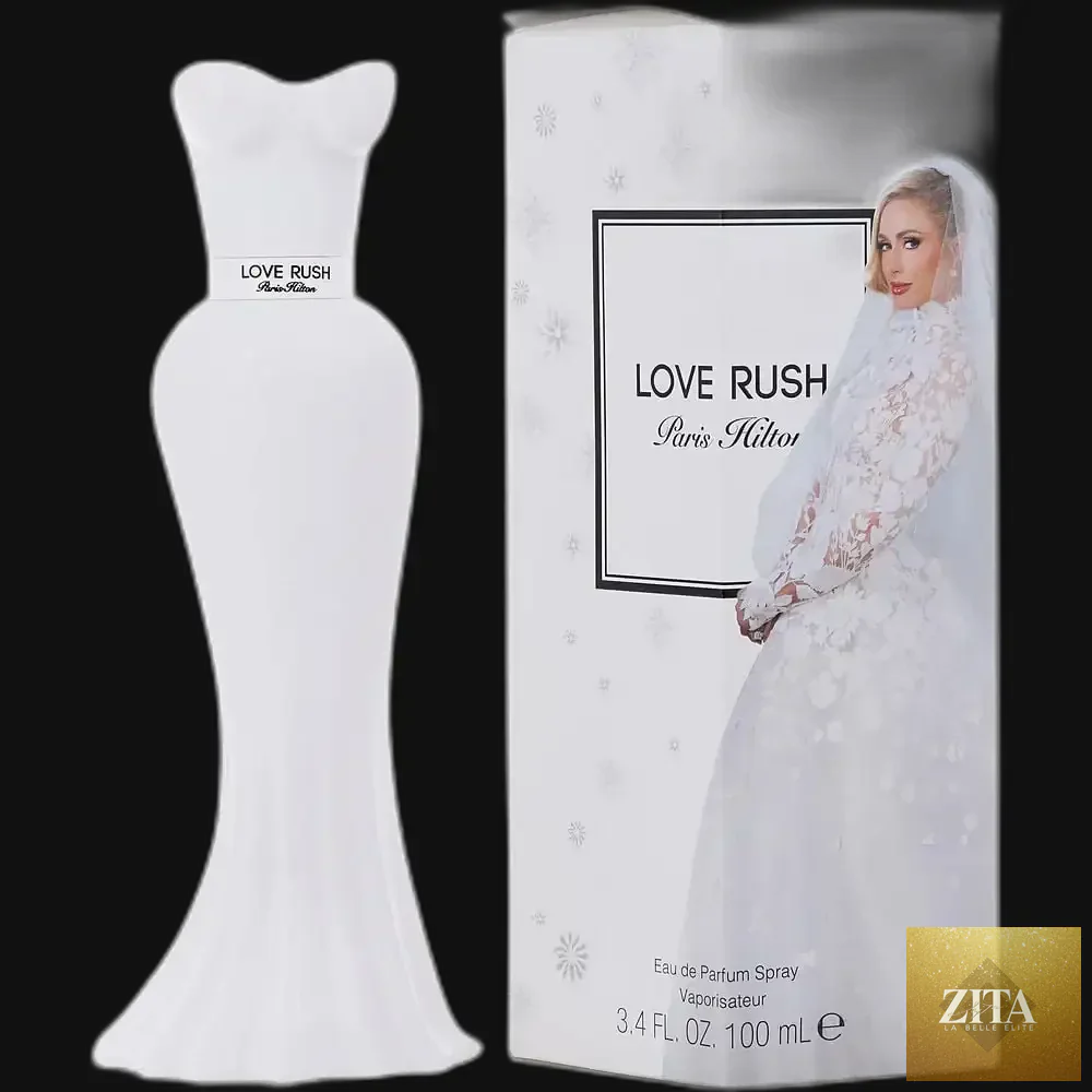 Love Rush perfume by Paris Hilton for women, 3.4 oz eau de parfum spray with sleek bottle design.