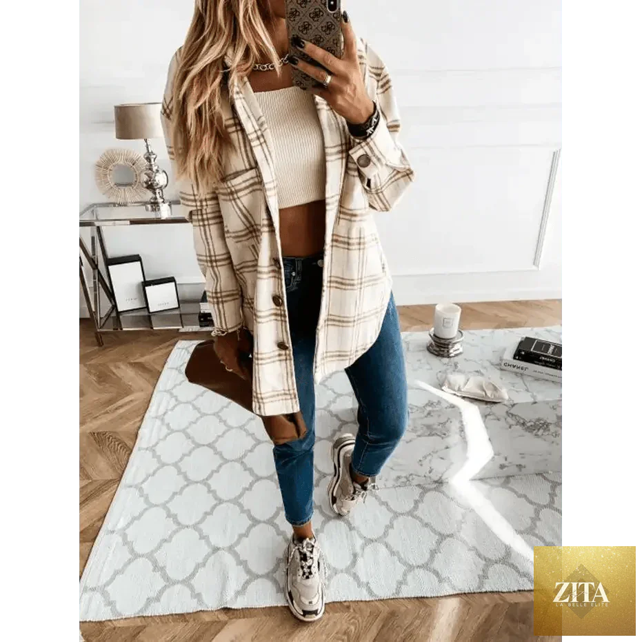 Stevvex women's long sleeve plaid shirt coat with lapel collar, casual streetwear style, ideal for spring and autumn.