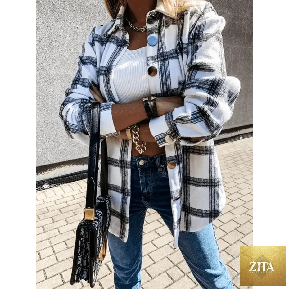 Stevvex women's long sleeve plaid shirt coat with lapel, casual streetwear style, perfect for spring and autumn outerwear.