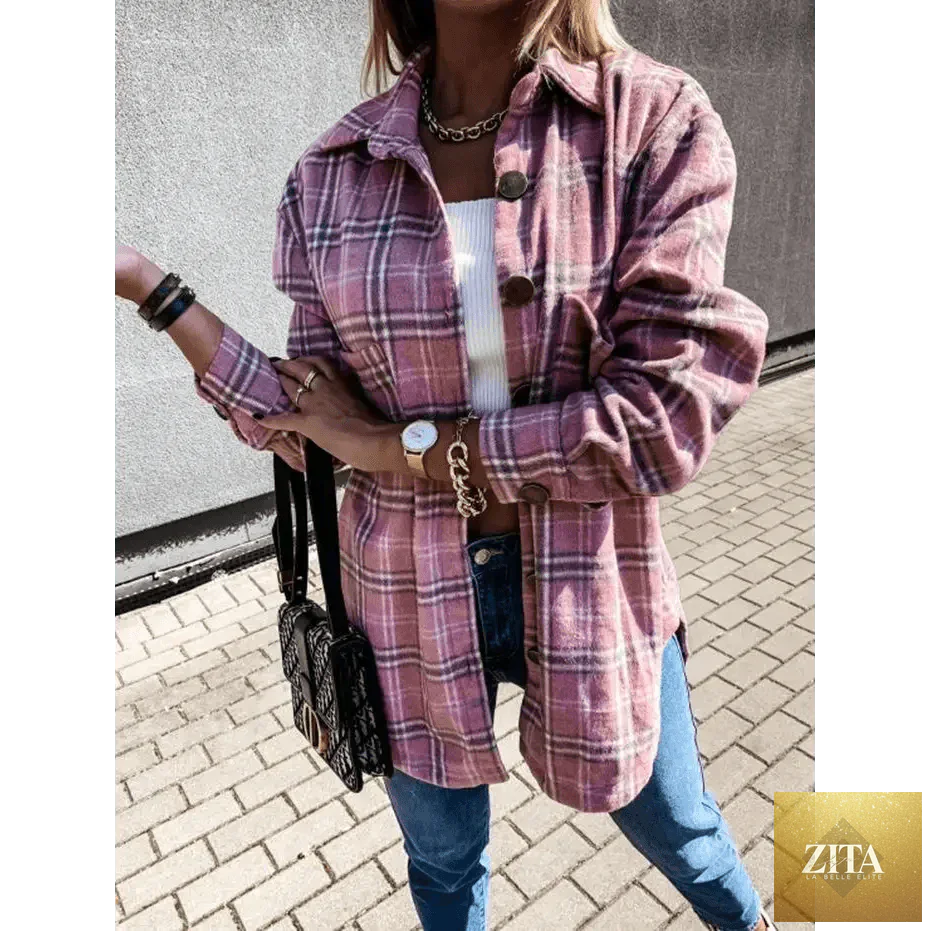 Stevvex women's long sleeve plaid shirt coat with lapel collar, casual streetwear style, suitable for spring and autumn.