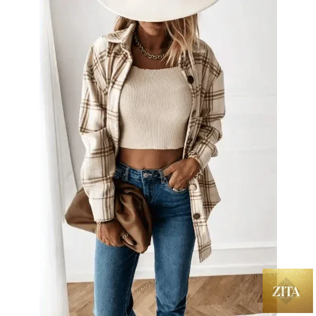 Luxurious Stevvex women's long sleeve plaid shirt coat with lapel collar, perfect for spring and autumn casual streetwear.