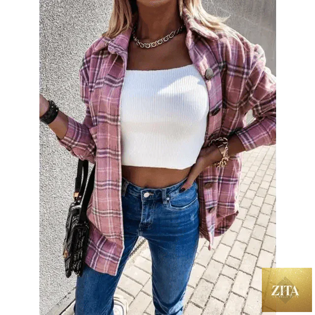 Women's long sleeve plaid shirt coat by Stevvex, stylish casual jacket with lapel collar for spring and autumn wear.