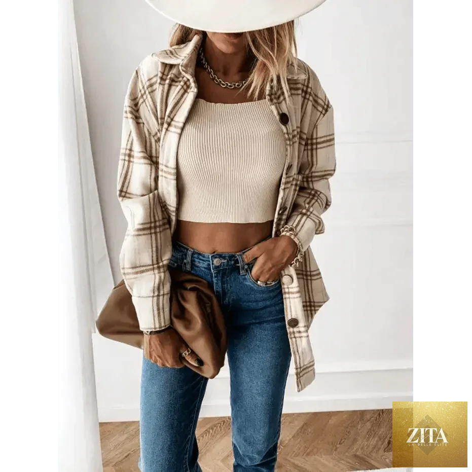 Luxurious women's long sleeve plaid shirt coat by Stevvex, stylish casual streetwear with lapel collar for spring and autumn.