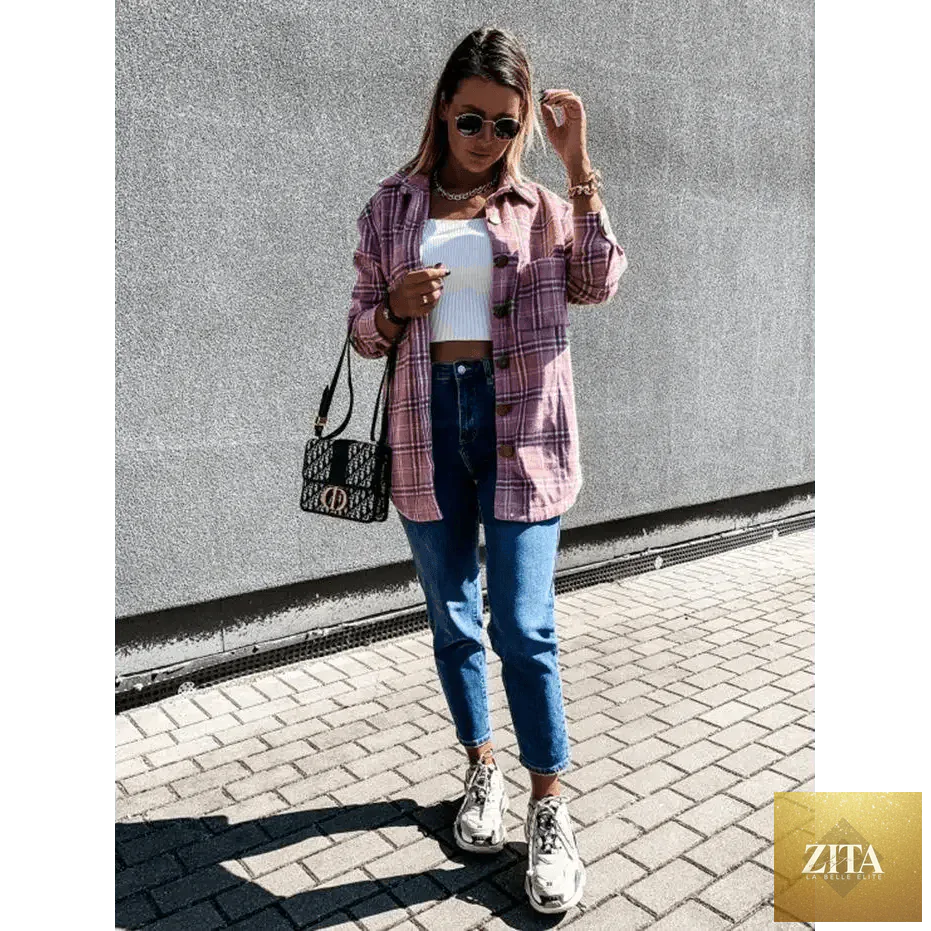 Stevvex women's long sleeve plaid shirt coat with lapel collar, casual streetwear style, suitable for spring and autumn.