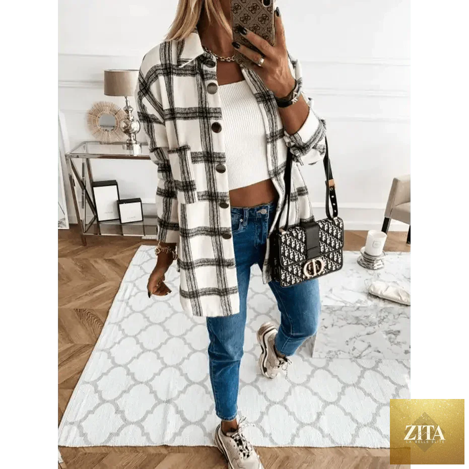 Stevvex women's long sleeve plaid shirt coat with lapel collar, stylish casual outerwear for spring and autumn.