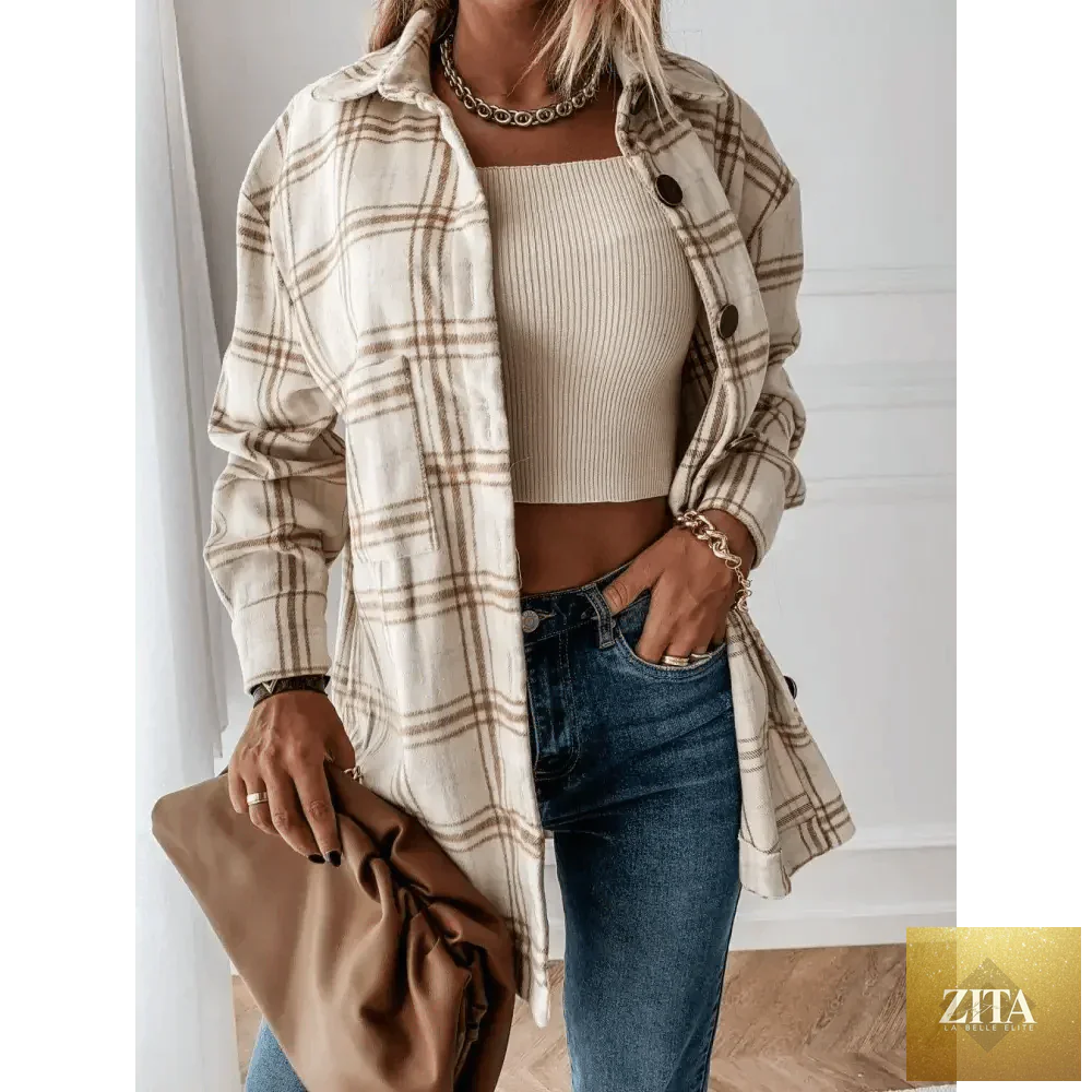 Luxurious Stevvex women's long sleeve plaid shirt coat with lapel, casual streetwear style for spring and autumn.