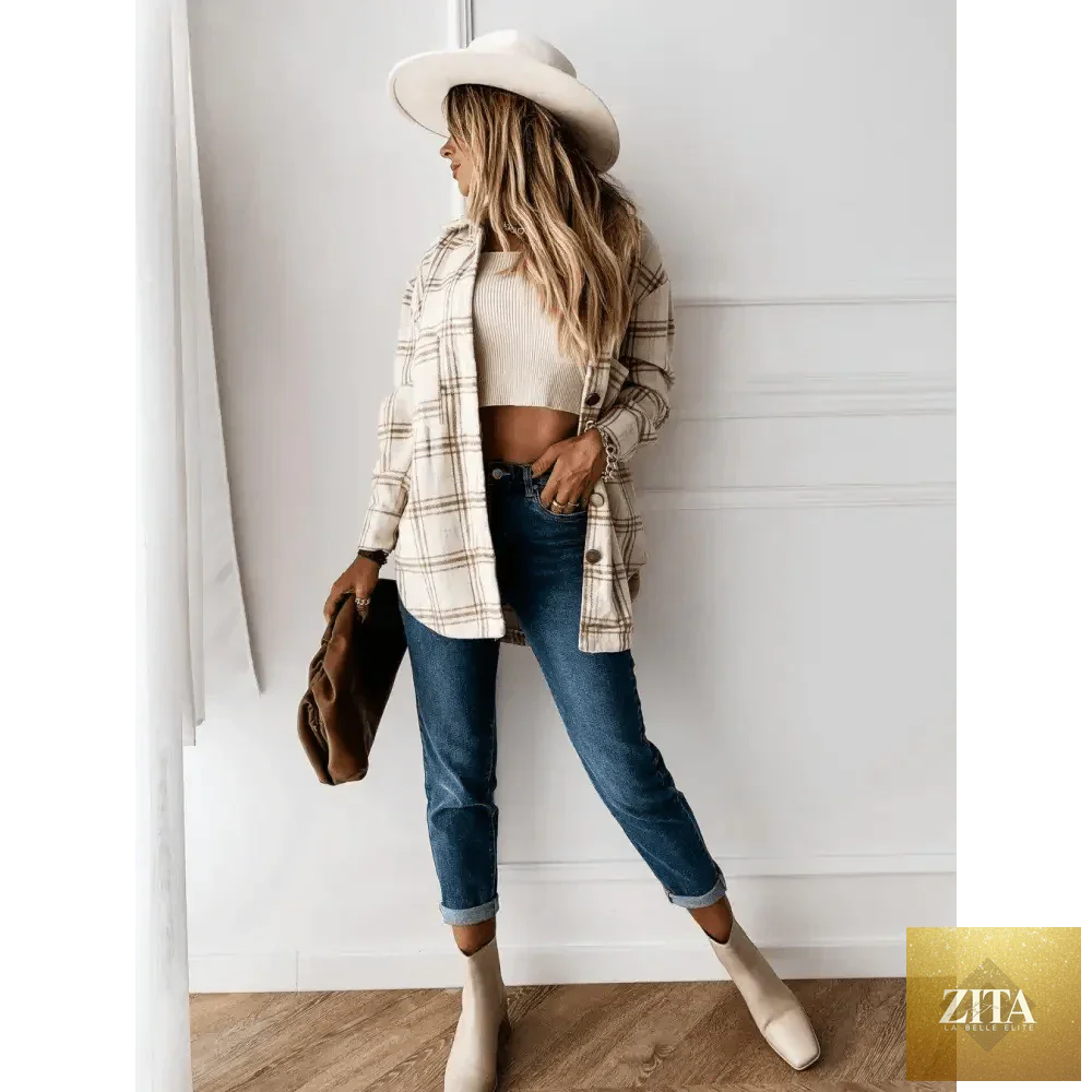Women's long sleeve plaid shirt coat by Stevvex, stylish spring autumn casual streetwear jacket with lapel collar.