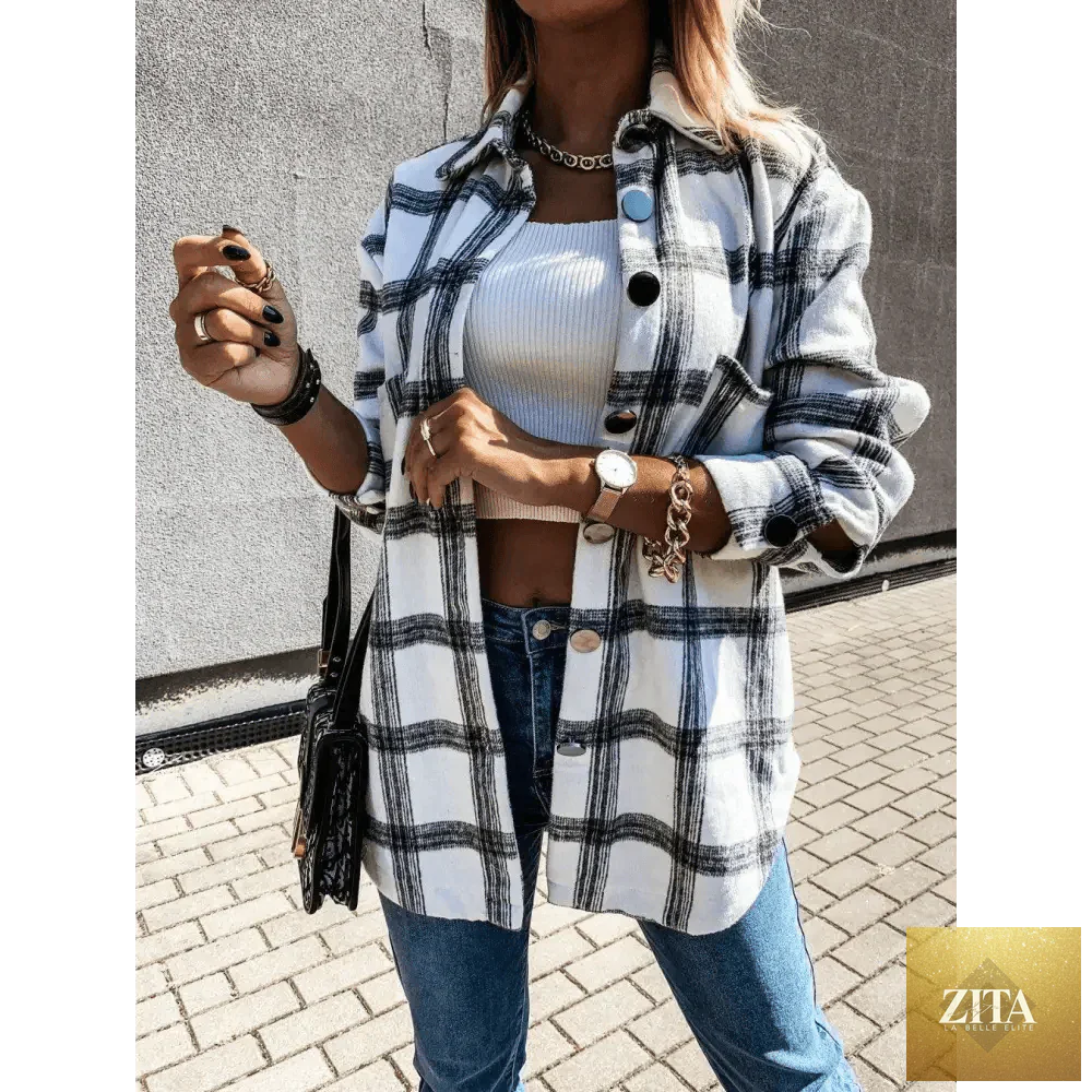 Stevvex women's long sleeve plaid shirt coat with lapel collar, stylish casual outerwear for spring and autumn.