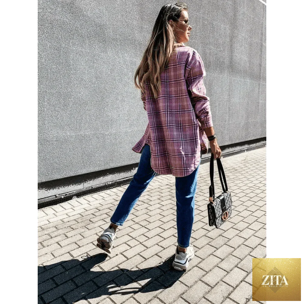 Stylish women's long sleeve plaid shirt coat by Stevvex, featuring lapel collar, casual streetwear design, suitable for spring and autumn.