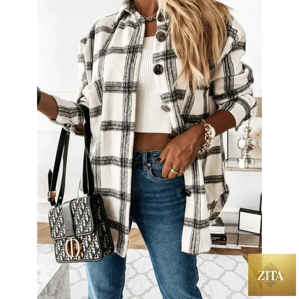 Stylish women's long sleeve plaid shirt coat by Stevvex, featuring lapel collar, casual streetwear outerwear for spring and autumn.