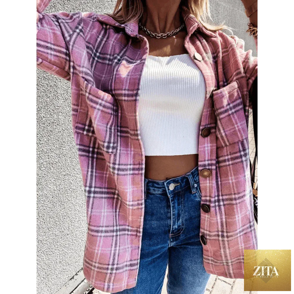 Stylish women's long sleeve plaid shirt coat by Stevvex, featuring lapel collar, casual streetwear look for spring and autumn.