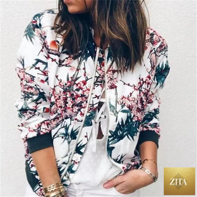 Stevvex floral women's bomber jacket with long sleeves, zipper print, casual pockets, ideal for spring and summer fashion.