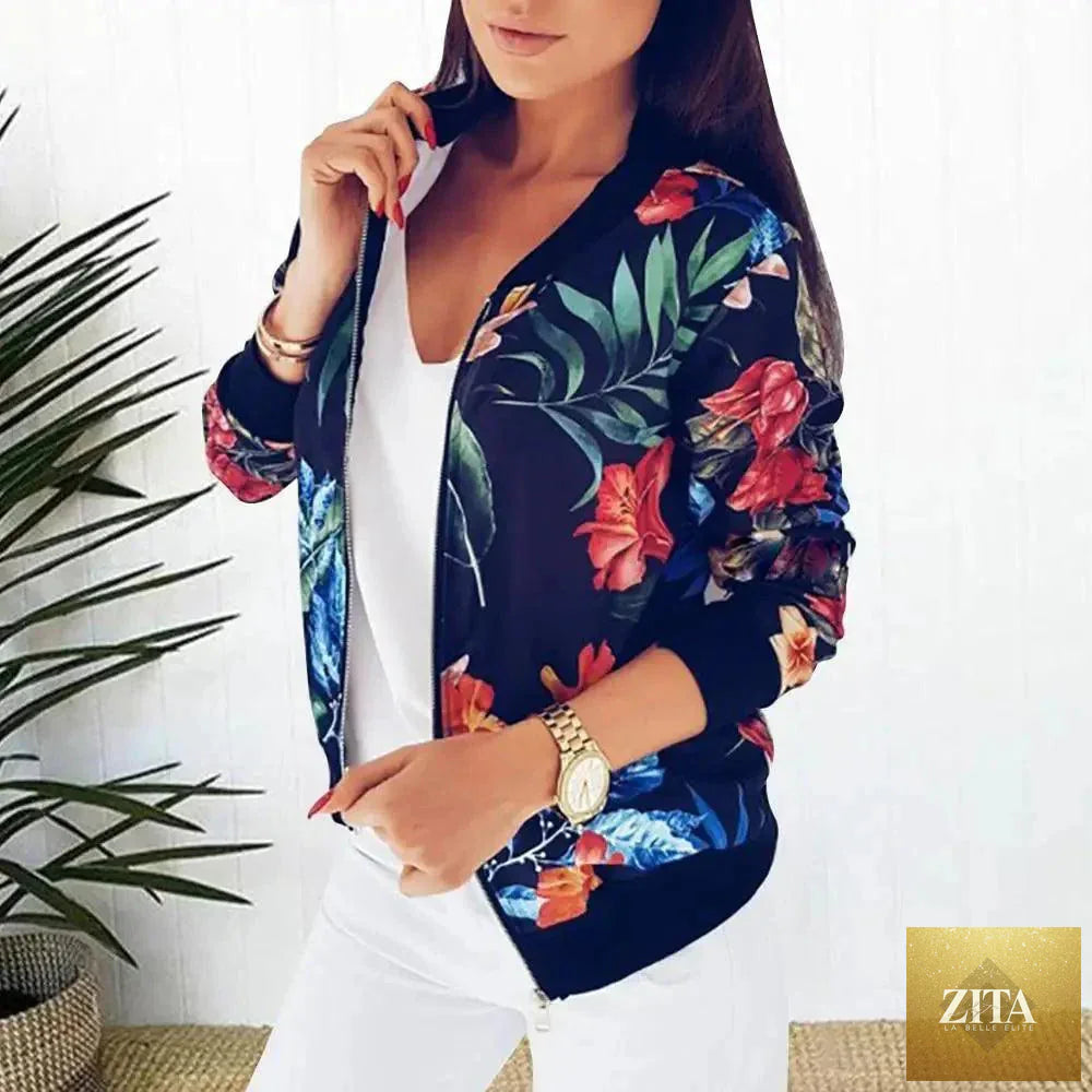 Stevvex floral women's bomber jacket with long sleeves, zipper front, pockets, and floral print, ideal for spring and summer.
