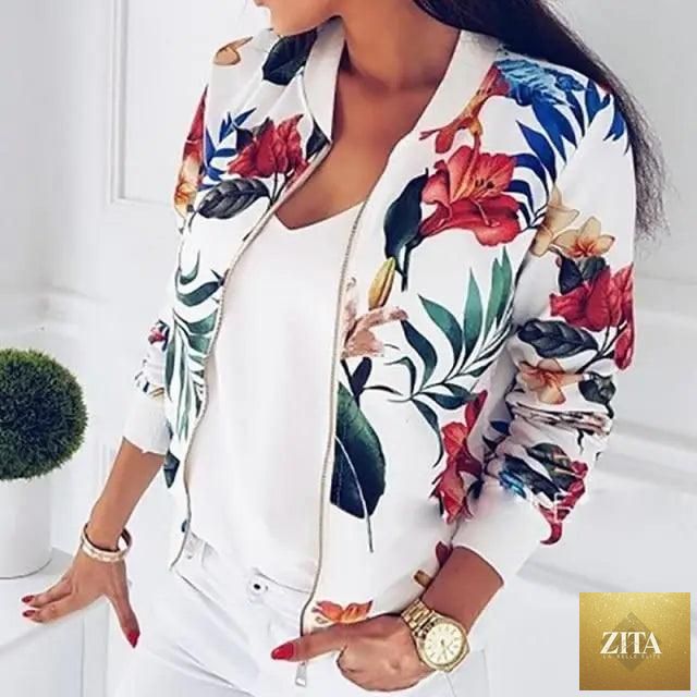 Stevvex floral women's bomber jacket with long sleeves, zipper front, pockets, and vibrant spring-summer floral print.
