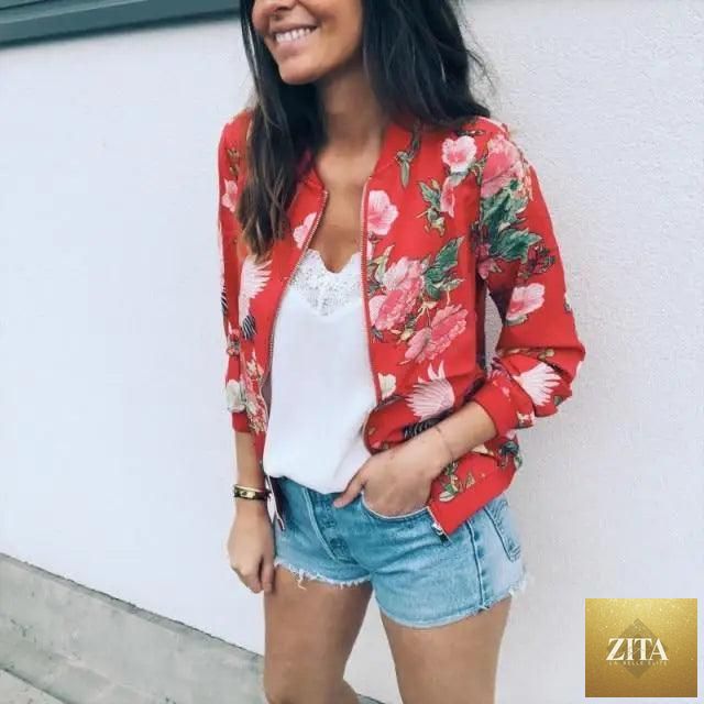 Stevvex floral women’s bomber jacket with long sleeves, zipper print, casual pockets, ideal for spring and summer fashion.