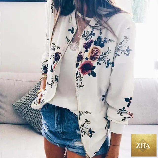 Stevvex floral women's bomber jacket with long sleeves, zipper, print, casual pockets, suitable for spring and summer.