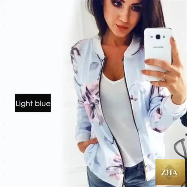 Stevvex floral women's bomber jacket with long sleeves, zipper front, pocket details, perfect for spring and summer casual wear.