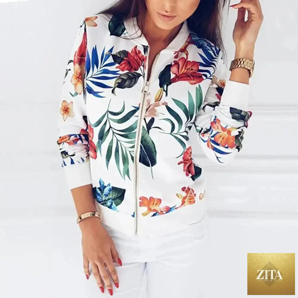 Stevvex floral women’s bomber jacket with long sleeves, zipper front, pocket details, perfect for spring and summer casual wear.