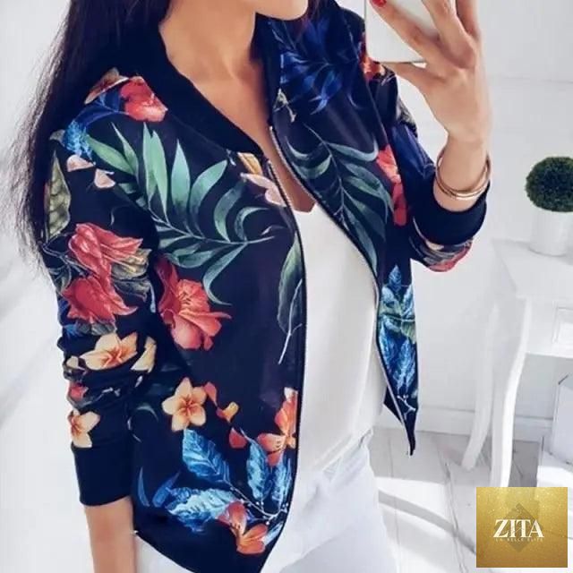 Stevvex women's floral bomber jacket with long sleeves, zipper front, pockets, and slim fit for spring and summer fashion.