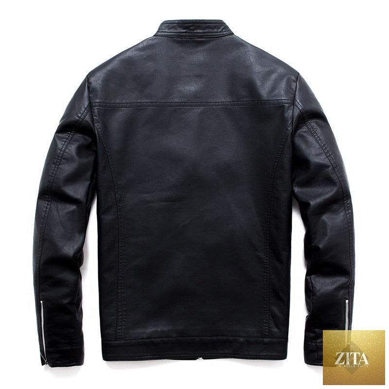 Luxury black men's faux leather motorcycle jacket with slim fit, warm lining, and elegant design by Stevvex, perfect for stylish men.