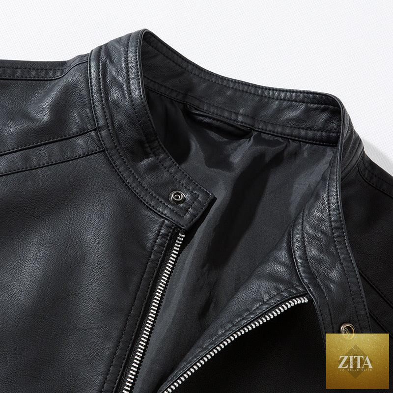 Stevvex luxury black men's faux leather motorcycle jacket with slim fit, warm lining, and elegant design for business and casual wear.
