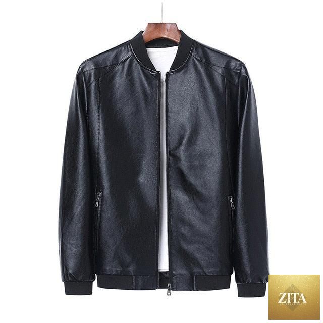 Elegant black men's faux leather motorcycle jacket by Stevvex, slim fit, warm, stylish business and casual outerwear for men.