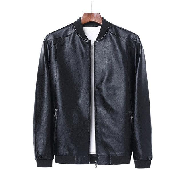 Elegant black men's faux leather motorcycle jacket by Stevvex, slim fit, warm, stylish business and casual outerwear for men.