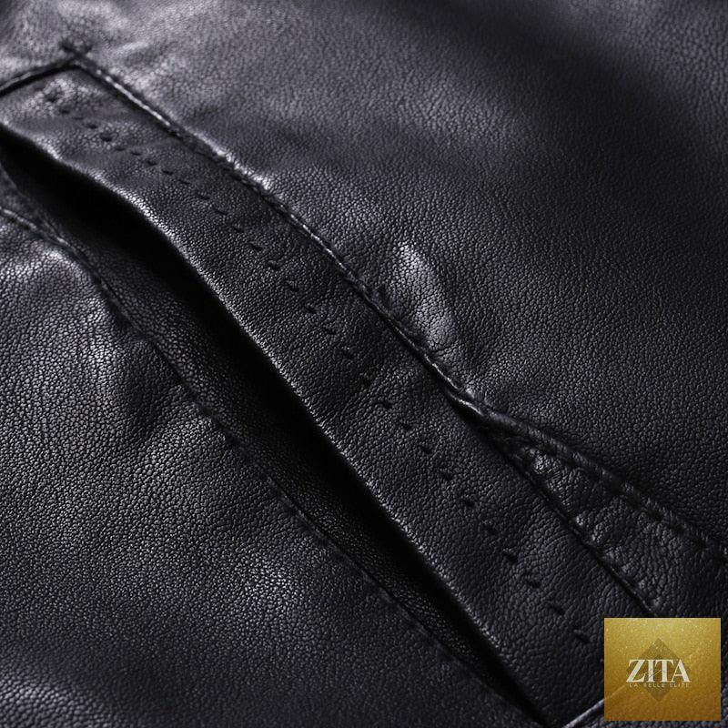 Elegant black men's faux leather motorcycle jacket by Stevvex with slim fit, warm lining, and stylish design for business and casual wear.