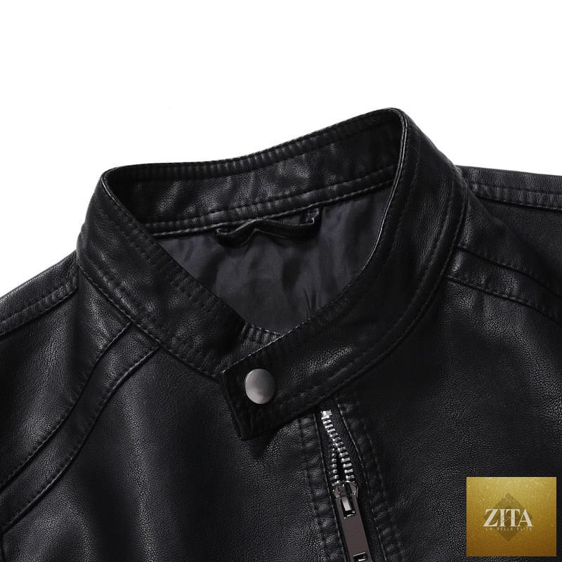 Stevvex black faux leather men's motorcycle jacket, slim fit with warm lining, stylish business and casual wear for men.