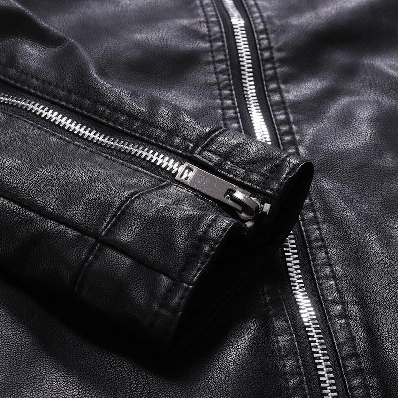 Stevvex men's black faux leather motorcycle jacket, slim fit, warm, elegant design, suitable for business and casual wear.